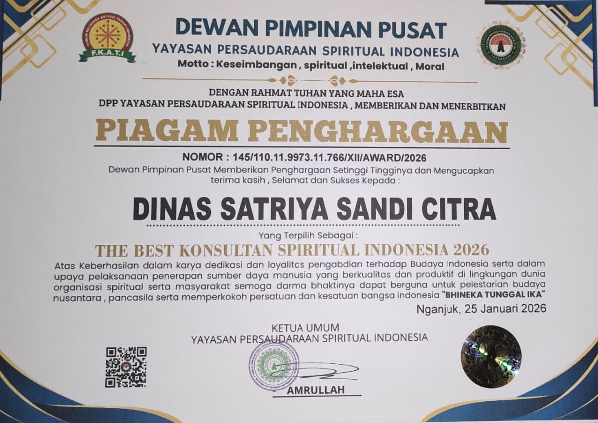 Dinas Satriya Sandi Citra Dinobatkan sebagai The Best Consultant Spiritual oleh Yayasan Persaudaraan Spiritual Indonesia